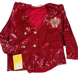 MODI Red Sequin Crown Jacket 100% Silk Vintage 80s Statement Blazer S 6-8
